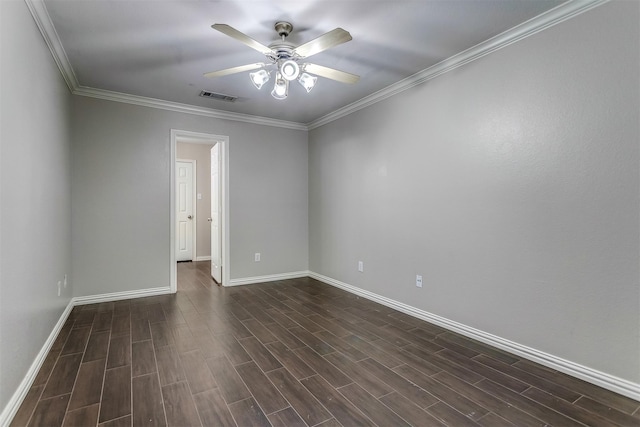 unfurnished room featuring dark hardwood / wood-style floors, ceiling fan, and crown molding