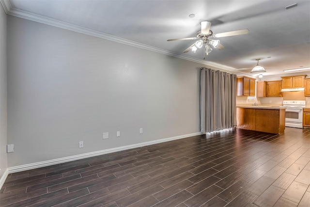 unfurnished living room featuring crown molding, ceiling fan, and dark wood-type flooring