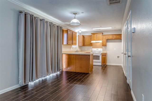 kitchen featuring kitchen peninsula, dark hardwood / wood-style flooring, white electric range oven, crown molding, and sink