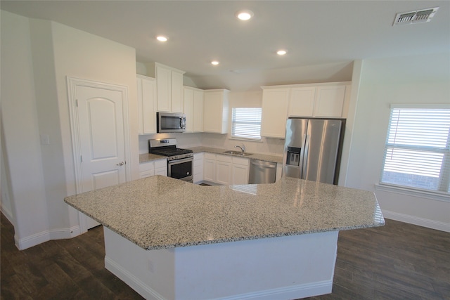 kitchen featuring plenty of natural light, a center island, dark hardwood / wood-style floors, and appliances with stainless steel finishes