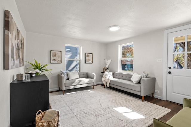 living room with a textured ceiling and light wood-type flooring