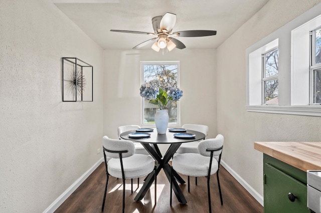 dining area with ceiling fan and dark wood-type flooring