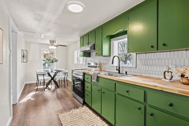 kitchen featuring electric range, sink, green cabinets, backsplash, and light hardwood / wood-style floors