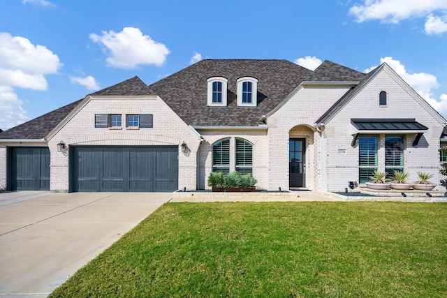 french country inspired facade featuring a front yard and a garage