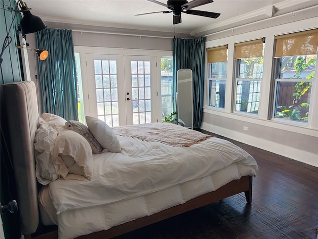 bedroom featuring dark wood-type flooring, access to outside, french doors, ceiling fan, and ornamental molding