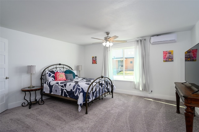 bedroom featuring ceiling fan, carpet floors, and a wall mounted AC