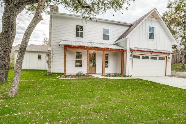 122 Rachel Rd, Weatherford, TX 76086 - modern farmhouse style home featuring board and batten siding, covered porch, driveway, a front lawn, and a chimney