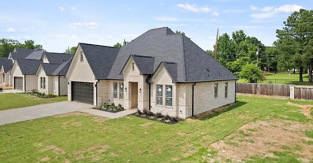 view of front of home with a front yard and a garage