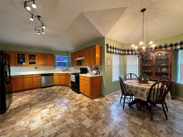 kitchen with a chandelier, pendant lighting, a wealth of natural light, and black appliances