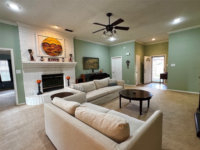 living room featuring light colored carpet, ornamental molding, a textured ceiling, and a brick fireplace