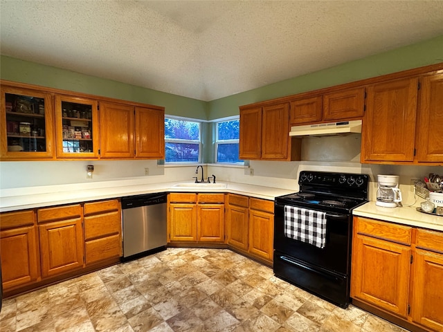 kitchen featuring stainless steel dishwasher, black electric range oven, sink, and a textured ceiling