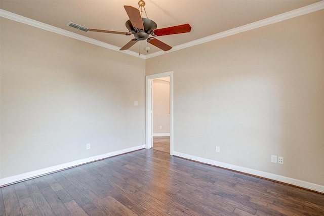 unfurnished room featuring crown molding, ceiling fan, and dark hardwood / wood-style floors