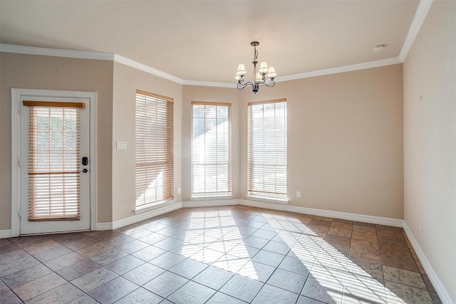 unfurnished dining area with ornamental molding, light tile patterned floors, and a notable chandelier