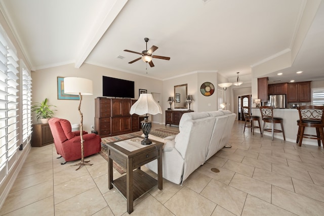 living room featuring vaulted ceiling with beams, ceiling fan, light tile patterned flooring, and crown molding