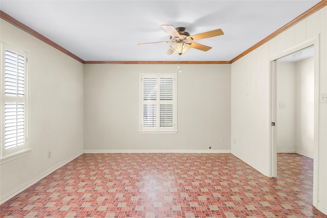 unfurnished room featuring ceiling fan, a healthy amount of sunlight, and ornamental molding