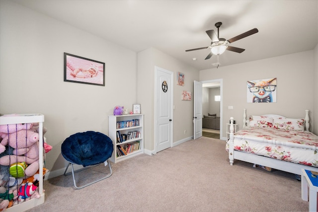 carpeted bedroom with ceiling fan