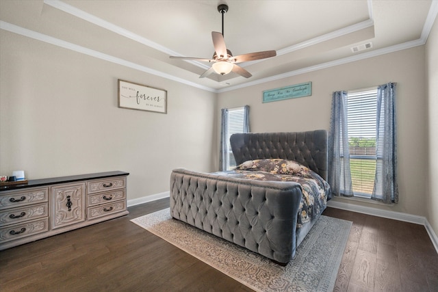 bedroom with multiple windows, a tray ceiling, dark hardwood / wood-style flooring, and ceiling fan