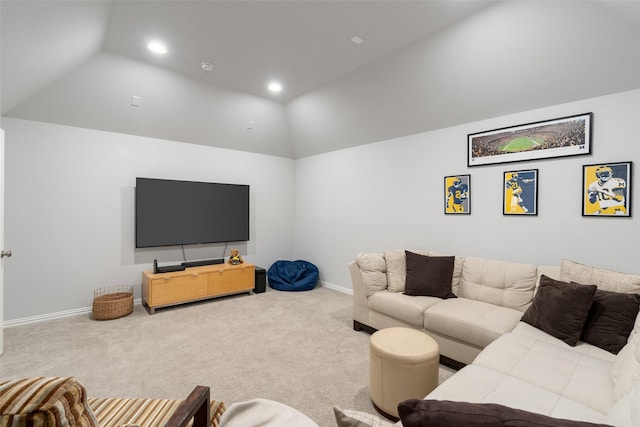 living room featuring vaulted ceiling and carpet floors