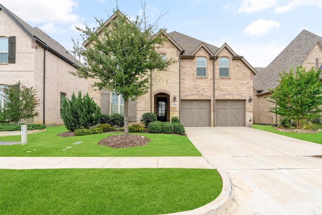 view of front of property featuring a garage and a front lawn