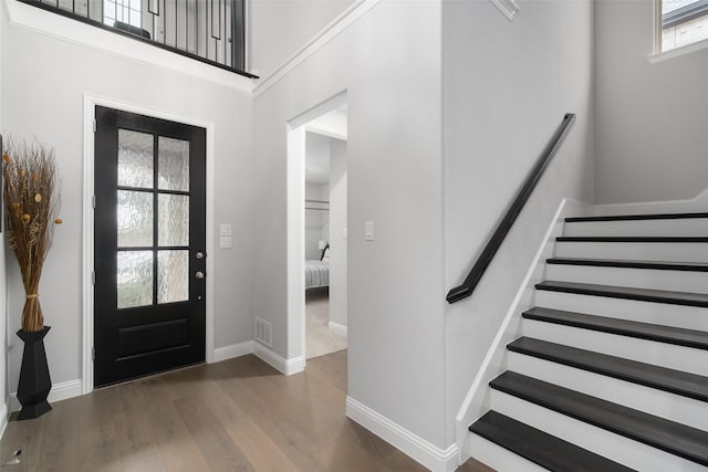 entrance foyer featuring dark hardwood / wood-style flooring and a high ceiling