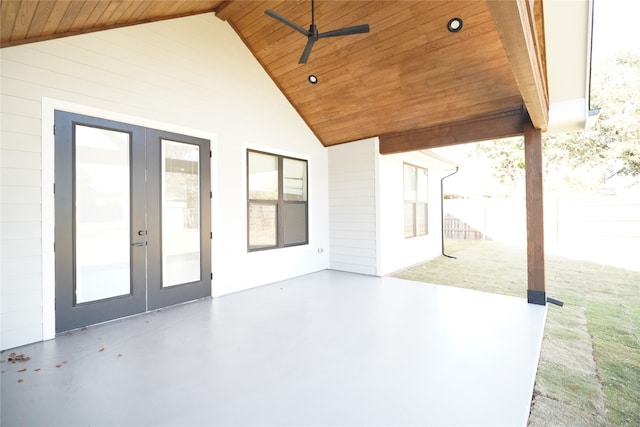 view of patio featuring ceiling fan and french doors