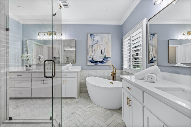 bathroom with separate shower and tub, vanity, tile walls, and ornamental molding