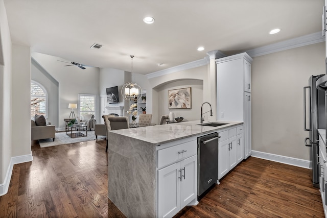 kitchen featuring light stone countertops, dark hardwood / wood-style flooring, white cabinets, and ceiling fan