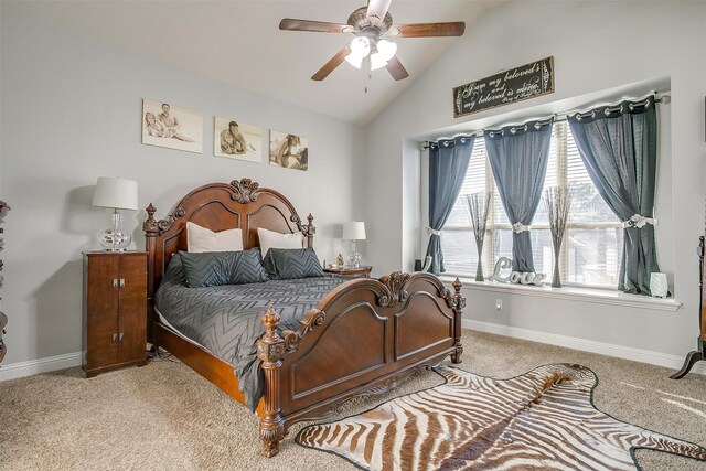 bedroom with carpet, vaulted ceiling, and ceiling fan