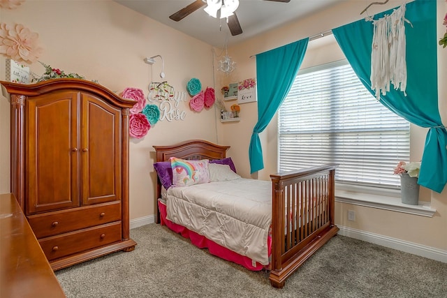 bedroom with ceiling fan and carpet