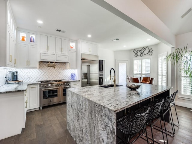 kitchen with a sink, white cabinetry, high quality appliances, light stone countertops, and an island with sink