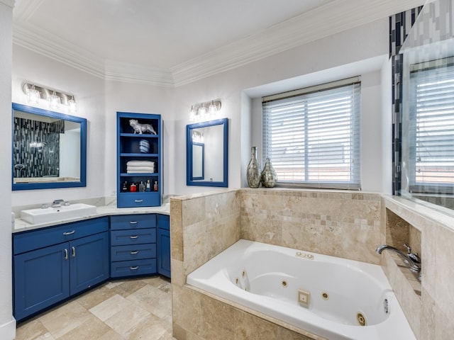 bathroom featuring vanity, crown molding, and a relaxing tiled tub