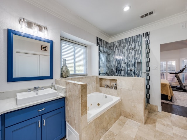 bathroom with plenty of natural light, ornamental molding, and vanity