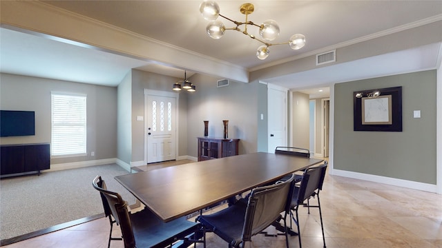 dining space featuring light carpet, beam ceiling, a notable chandelier, and crown molding