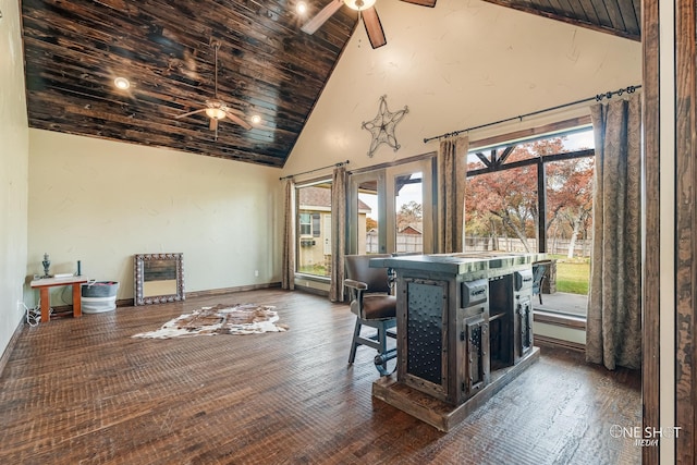 interior space featuring beam ceiling, ceiling fan, high vaulted ceiling, dark hardwood / wood-style floors, and wood ceiling