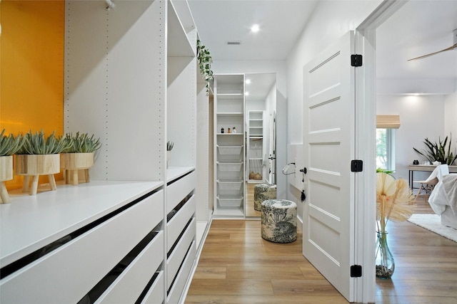 spacious closet featuring light wood finished floors and visible vents