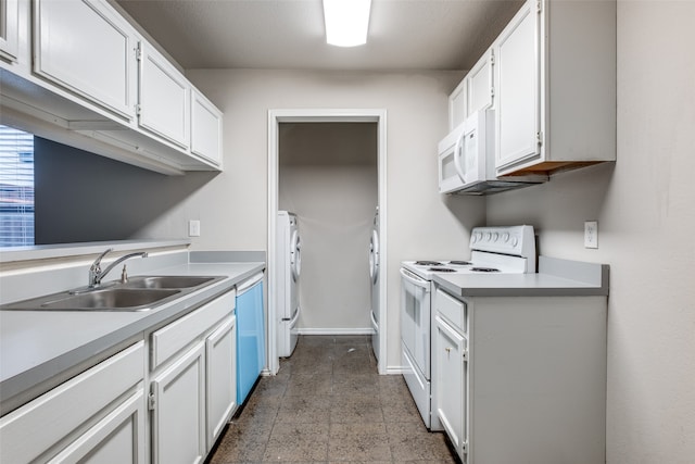 kitchen with separate washer and dryer, sink, white cabinets, and white appliances