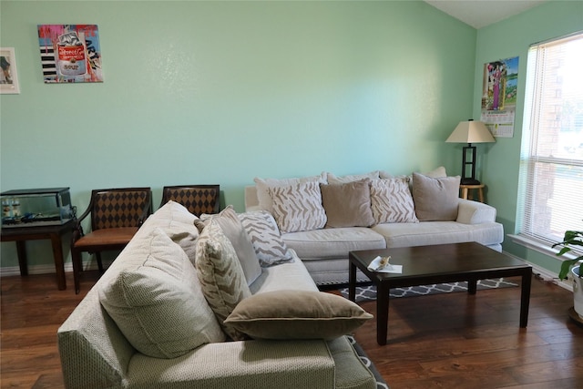 living room with dark hardwood / wood-style flooring