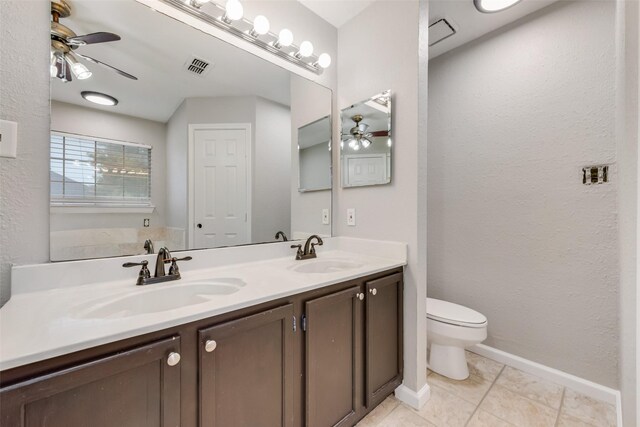 bathroom with tile patterned floors, vanity, ceiling fan, and toilet