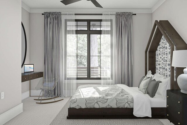 bedroom featuring carpet flooring, ceiling fan, and crown molding