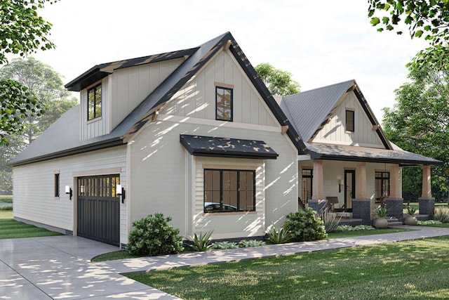 modern farmhouse style home with a porch and a garage