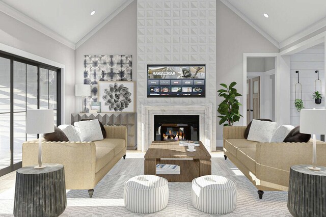 living room with a fireplace, high vaulted ceiling, and ornamental molding