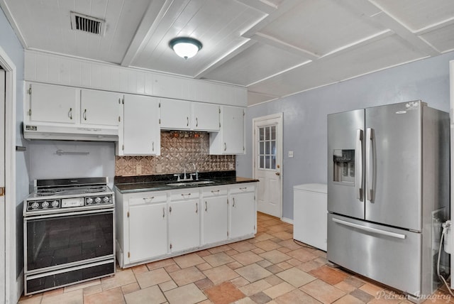 kitchen featuring sink, range, backsplash, stainless steel refrigerator with ice dispenser, and white cabinets