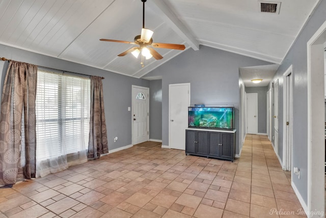 unfurnished living room with ceiling fan and lofted ceiling with beams