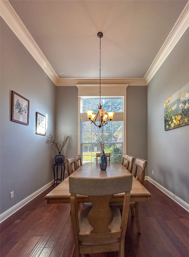 dining area featuring crown molding, dark wood-type flooring, and a chandelier