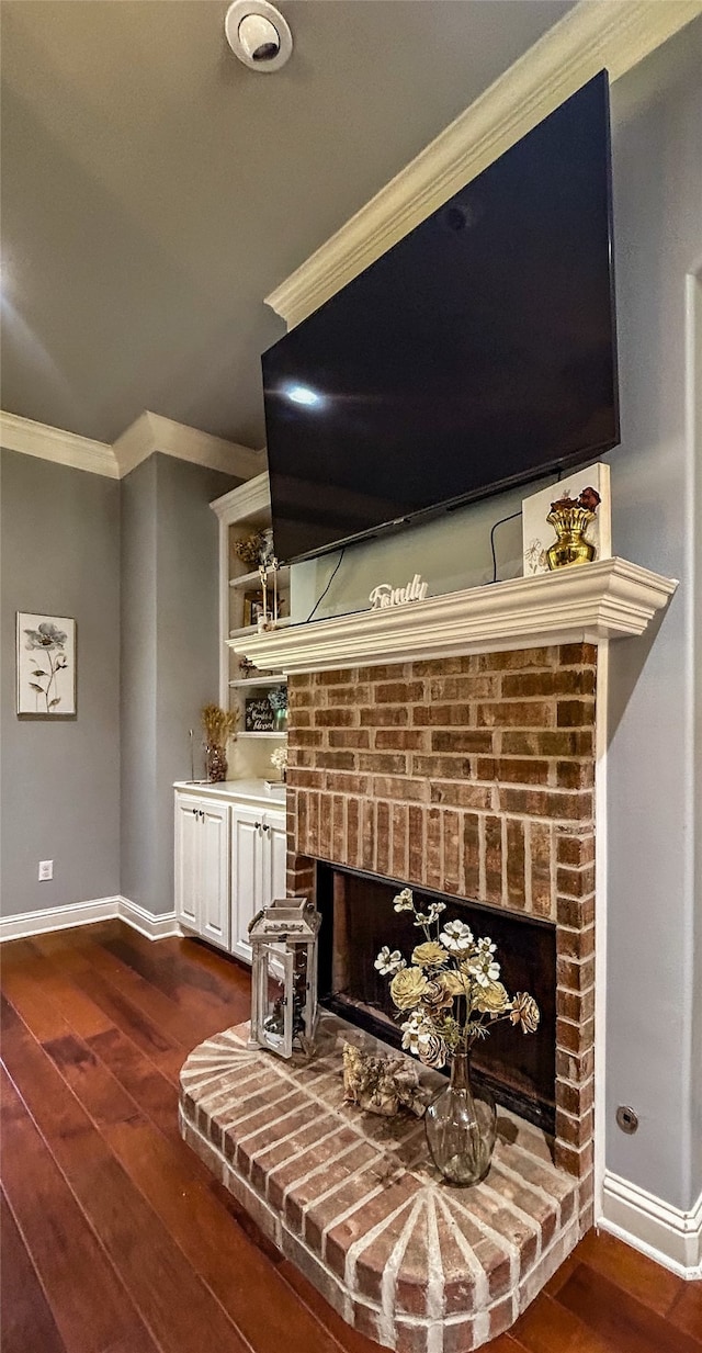 details featuring a fireplace, hardwood / wood-style floors, and ornamental molding