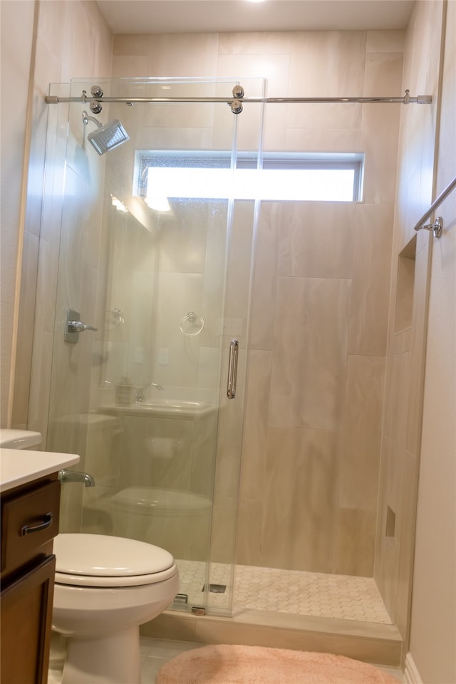 bathroom with vanity, toilet, and walk in shower