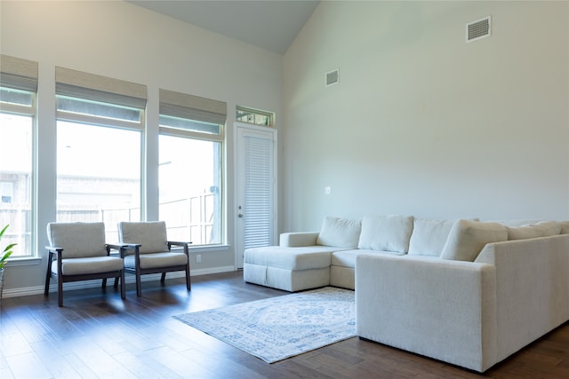 living room with dark hardwood / wood-style floors and high vaulted ceiling