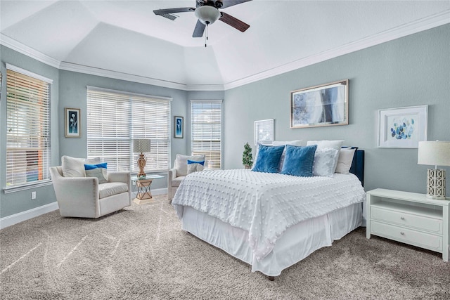 carpeted bedroom with ceiling fan, lofted ceiling, and ornamental molding