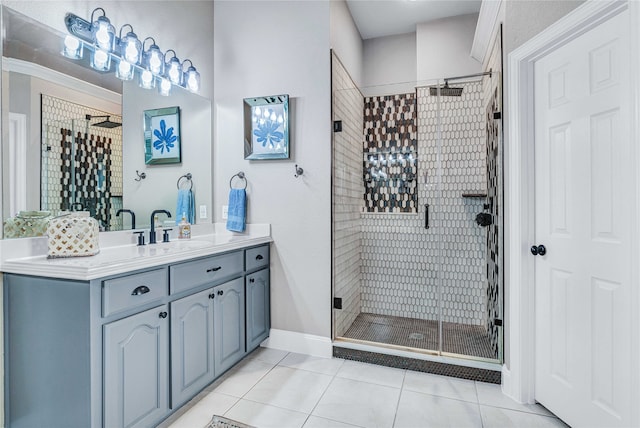 bathroom with tile patterned floors, vanity, and walk in shower