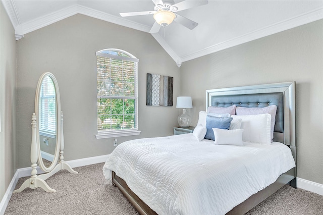 bedroom with ceiling fan, light carpet, lofted ceiling, and ornamental molding